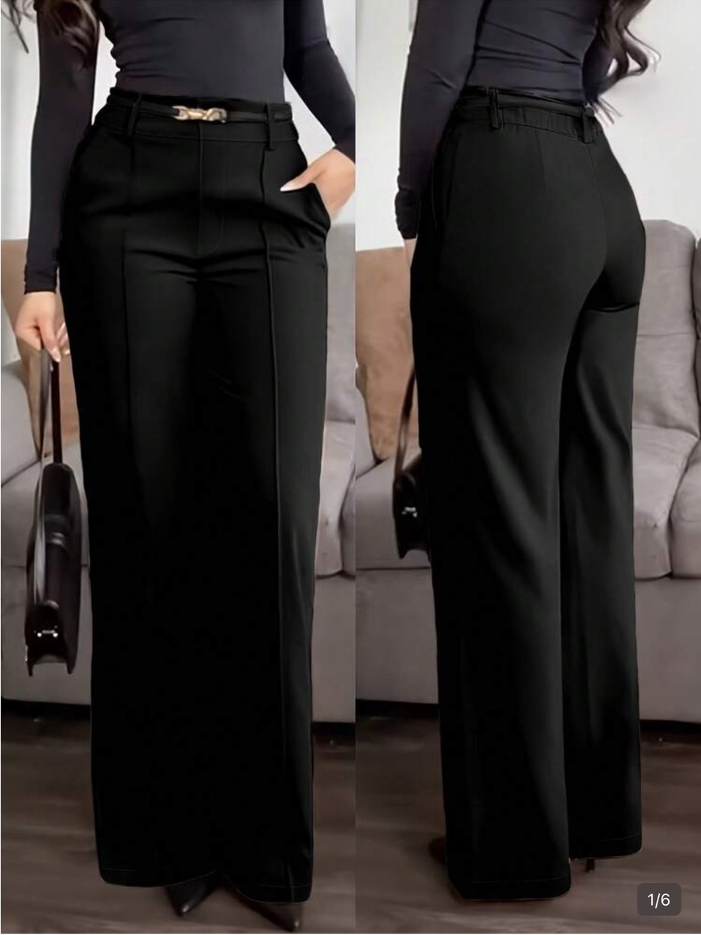 SHEIN Black High-Waist Wide-Leg Trousers with Decorative Buckle size s